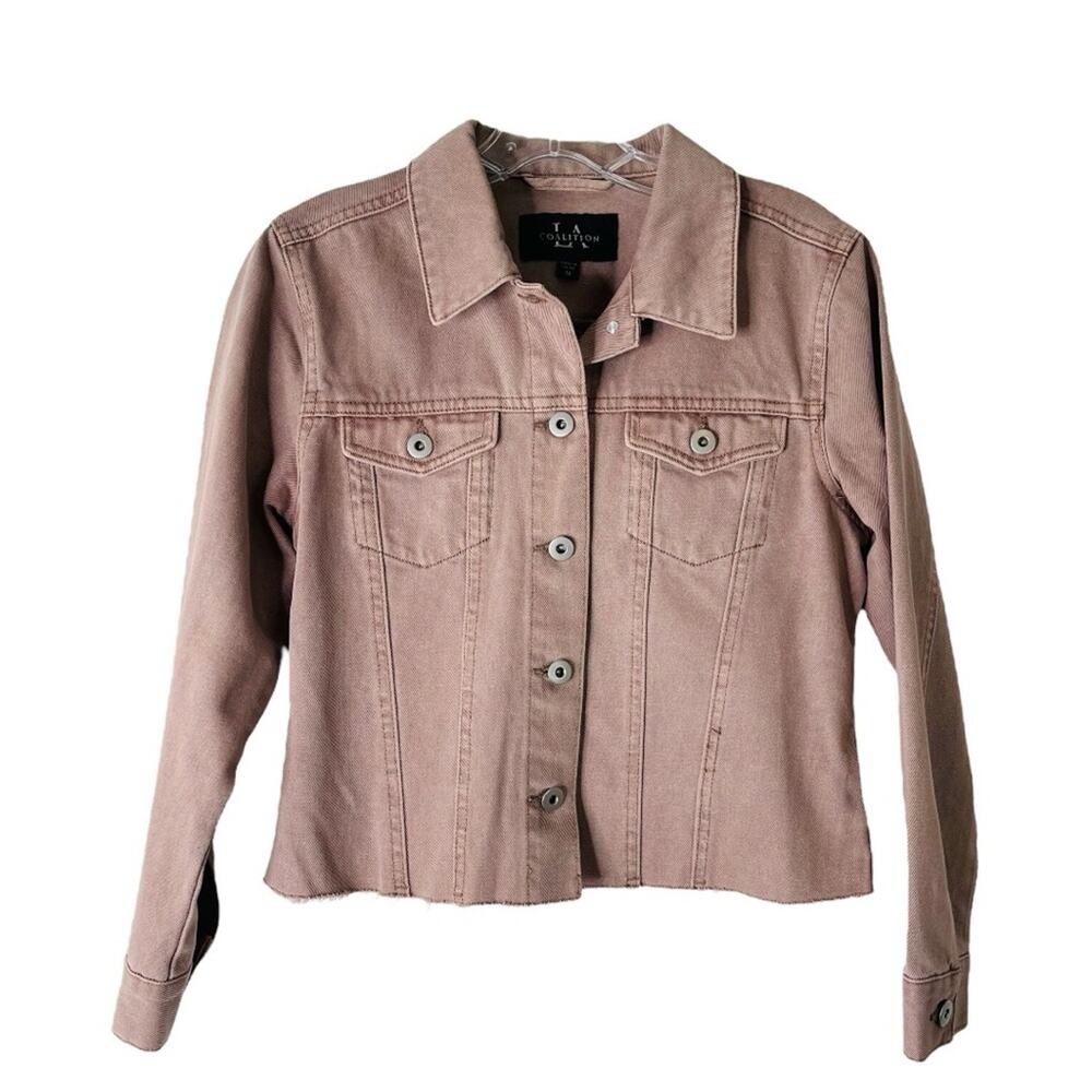 LA Coalition pink denim button cropped distressed jean jacket medium